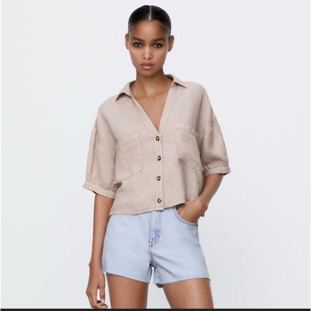 Zara Cropped Linen Top Beige / Tan Size L